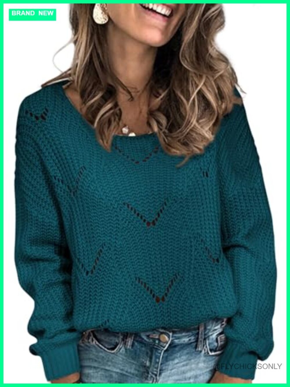 Women's Loose Fit Hollow Out Crochet Knit Long Sleeve Pullover Sweater